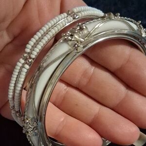 Chic Silver and White Floral Bracelet Set